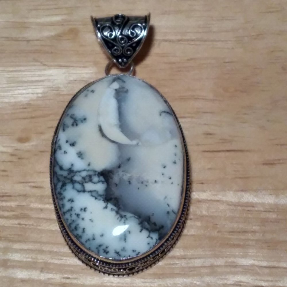 Large Genuine Natural Dendrite Agate Pendant .925 Sterling Silver Setting